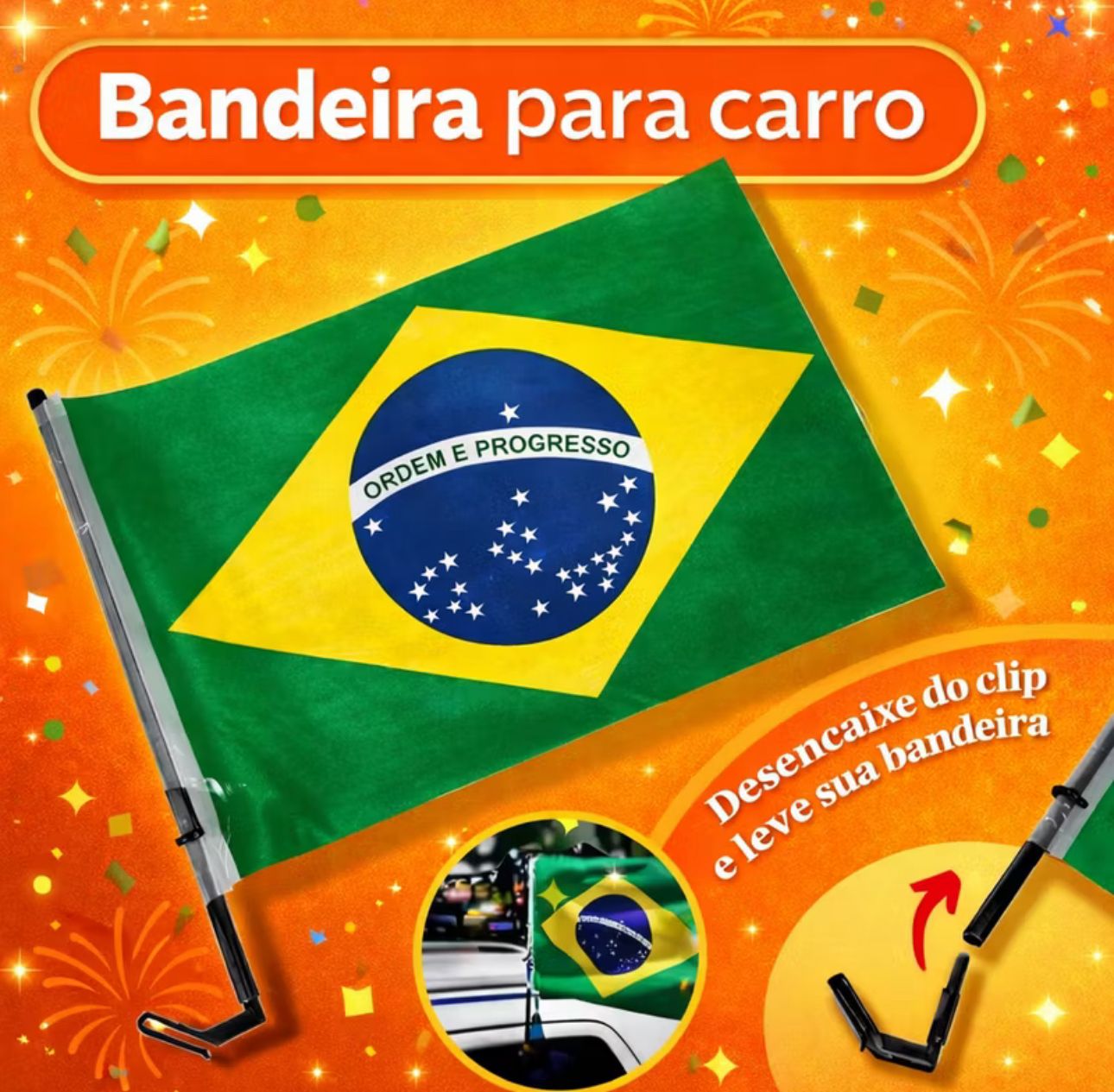 Bandeira do Brasil para Carro com Suporte 45x30cm