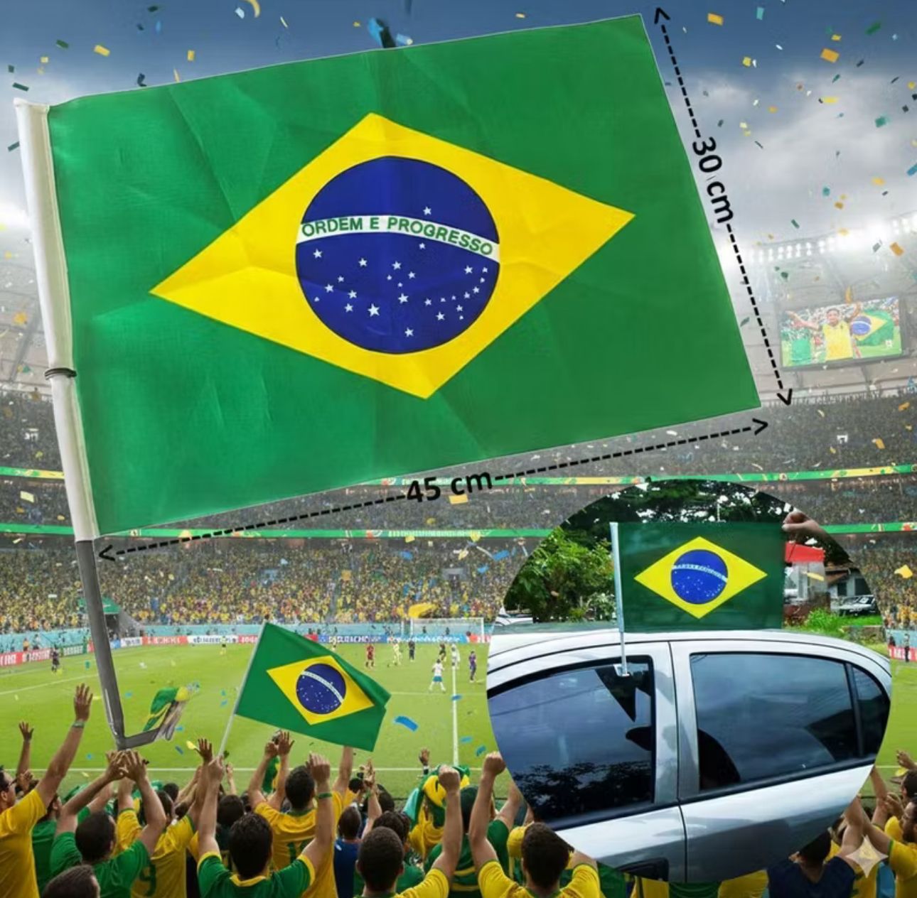 Bandeira do Brasil para Carro com Suporte 45x30cm