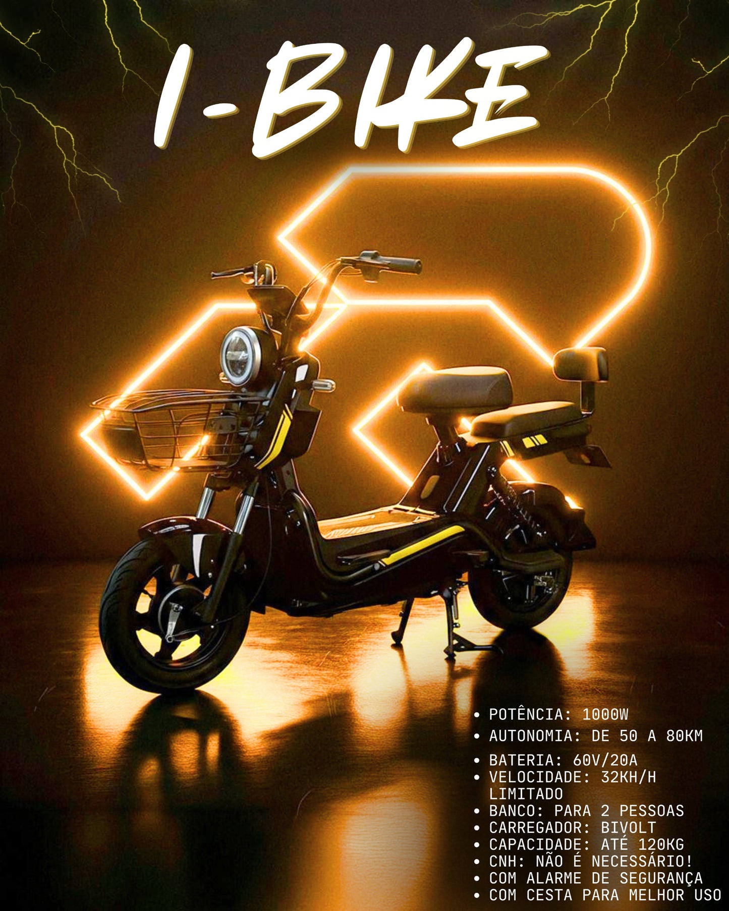 Moto Scooter Elétrica 1000W 32km/h Sem CNH Autonomia até 80km com Banco Duplo – I Bike